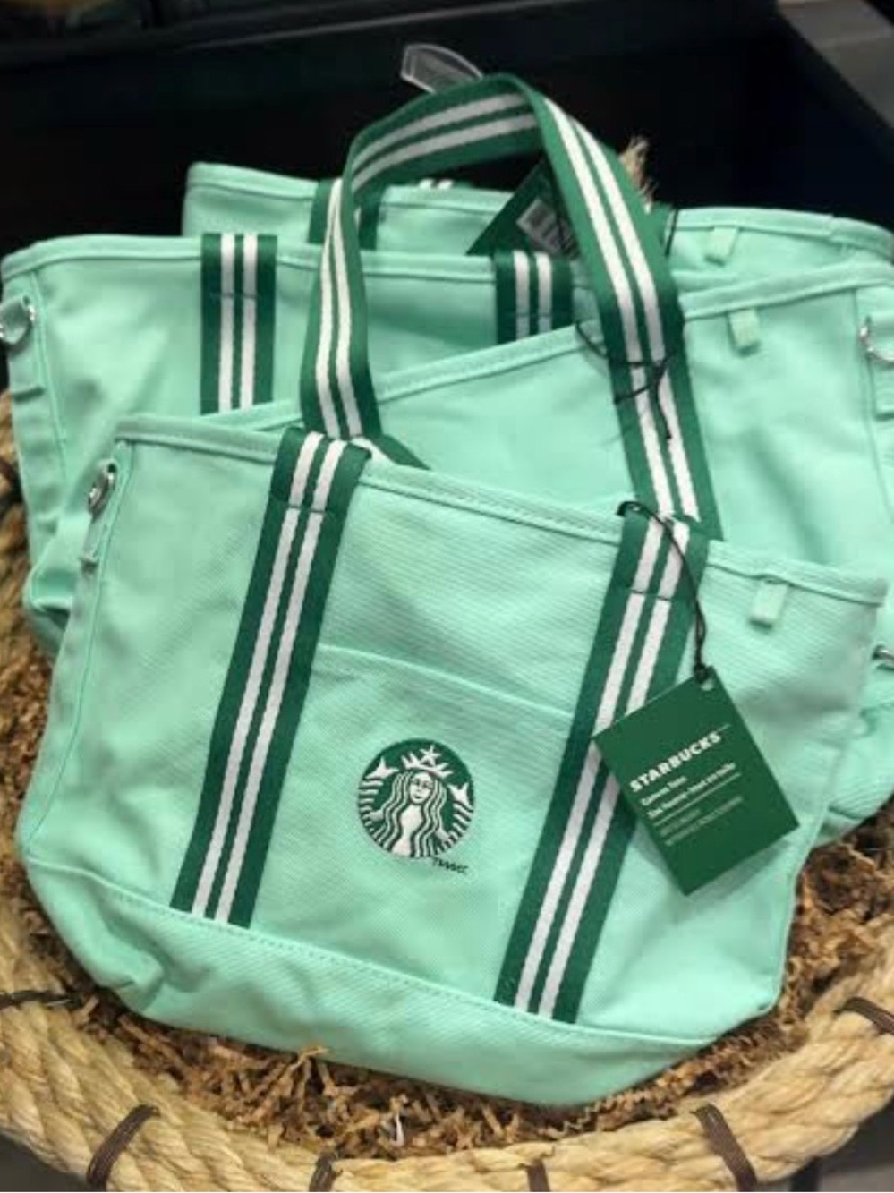 Starbucks Mint Green Canvas Tote with Green-Striped Handles